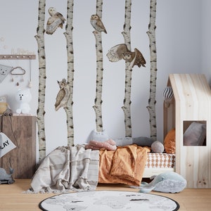 birch tree decal, tree wall decal, owl wall decals, birch tree decor, birch trees wall decal, birch wall stickers,