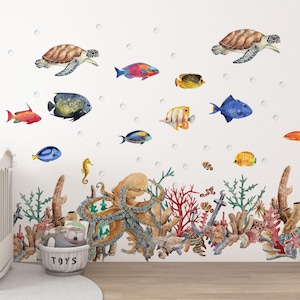 ocean wall decal, under the sea wall decal,  sea animals wall sticker, Sticker Set octopus, sea Turtle decal, Watercolor Peel and stick