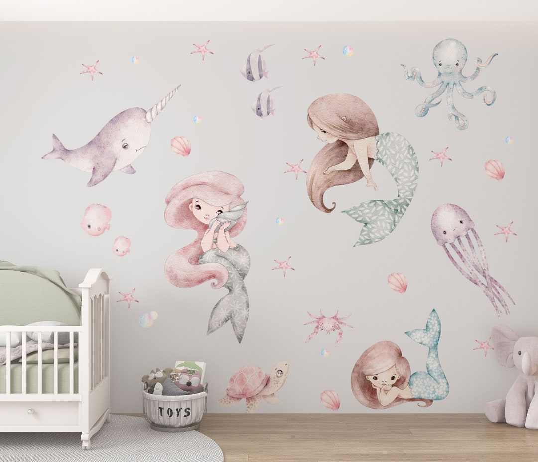 Mermaids Wall Decals, Nursery Wall Decal Sea World Watercolour Little ...