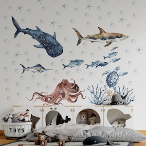 Shark wall decals, whale decals, Ocean Animals Wall Decal for Kids and Nursery,  sea animals wall sticker,