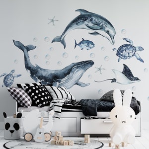 ocean wall decals, blue whale wall decals, nursery wall decals, peel and stick nursery decals,