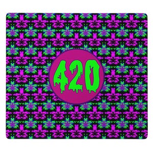 May include: A rectangular mat featuring a repeating pattern of purple and green leaf shapes on a black background. In the center, a magenta circle contains the bright green text 420, rendered in a dripping, stylized font that fills the circle.