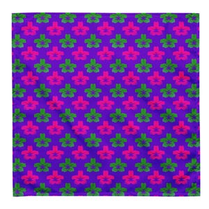 May include: A square fabric bandana featuring a repeating pattern of stylized three-petaled flowers in alternating bright pink and vibrant green colors, all set against a solid deep purple background in a consistent grid-like arrangement.