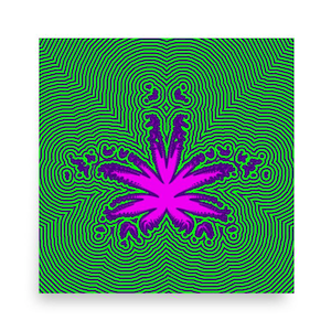 May include: A square graphic print featuring a central, vibrant pink and purple leaf-shaped motif. The background consists of a dense, repeating pattern of thin, concentric black lines set against a bright green field, creating a visual effect.