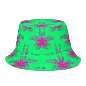 420 Stoner Summertime Reversible Bucket Hat, Cannabis Mint Green Purple Pink Pot Leaf Pattern Accessory