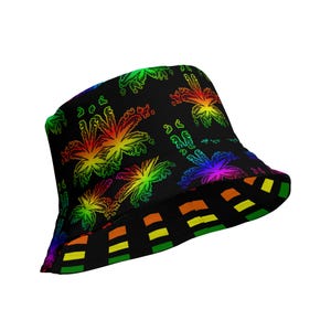 Rainbow Weed Rave Reversible Bucket Hat, Psychedelic Stoner 420 Festival Fashion, Pot Leaf Cannabis Art Accessory