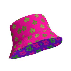Clowny Cannabis 420 Flower Reversible Bucket Hat, Stoner Circus Weird Weed Art, Hot Pink Green Purple Pot Leaf Pattern 420 Fashion Accessory