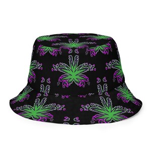 Twisted Weed Leaf Pattern Reversible Bucket Hat, Summer Stoner Rave Accessory, Green Purple Black Cannabis 420 Festival Fashion