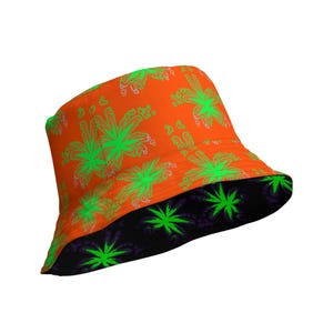 Cannabis Leaf Art Reversible Bucket Hat, Fun 420 Festival Weed Wear, Neon Green Orange Black Purple Raver Stoner Summer Fashion Accessory
