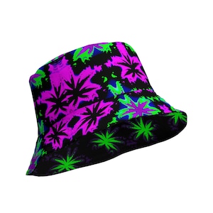 Stoner Rave Reversible Bucket Hat, Pot Leaf EDM Festival Accessory, Cannabis Weed Fashion, Neon Green Pink Black 420 Trippy Techno Wear