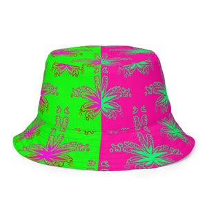 Stoner Circus Cannabis Summertime Reversible Bucket Hat, Pink Green Orange Blue Weed Reefer Rave Accessory, 420 Pot Leaf Festival Fashion