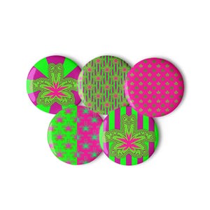 Neon Green Hot Pink Pot Leaf Pins, Stoner Circus Cannabis Art Pin Button Set, Weird Weed Accessories