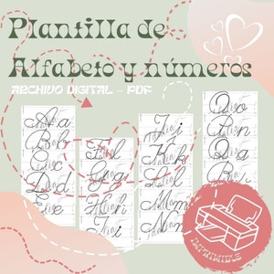 May include: Printable alphabet and number tracing worksheets for kids. The worksheets feature cursive letters and numbers in a light gray color on a white background. The title "Plantilla de Alfabeto y números" is at the top of the image. The text "ARCHIVO DIGITAL - PDF" is below the title. A printer icon with the text "IMPRIMELE" is in the bottom right corner of the image.