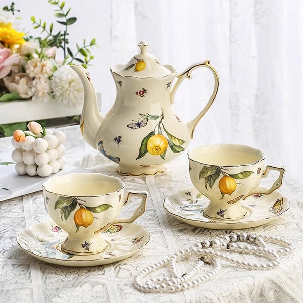 Retro ceramic coffee set | Handmade ceramic coffee cup and saucer | French ceramic tea set | Afternoon tea set | Tea party tea set