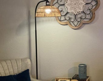 Boho Farmhouse Rattan Floor Lamp Black Rustic Tall Lamp with Adjustable Handwoven Shade & Foot Switch