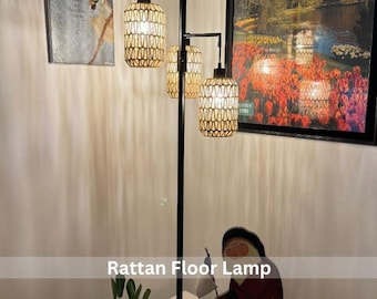 Handmade Floor Lamp, Boho Rattan Floor Lights, Dimmable Tree 3 Lights, Industrial Black Farmhouse Standing Lamp, Wicker Rustic Tall Lamp