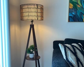 Boho Tripod Floor Lamps, Rattan Wood Floor Lamp, Mid Century Standing Lamp with Shelf