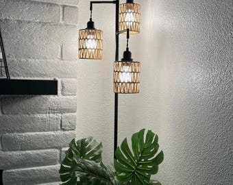 Boho Floor Lamp, 3-Light Rattan Floor Lamps, Tall Tree Standing Lamp, Modern Rustic Home Lighting, Farmhouse Lighting