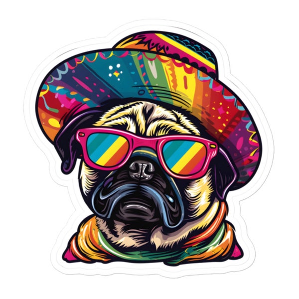 Cool Pug Wearing a Sombrero Sticker - Car Decal - Cooler Sticker - Black and Tan Pug Gifts