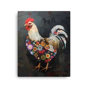 Contemporary Floral Chicken Canvas Art Print | Chicken Artwork | Wall Decor