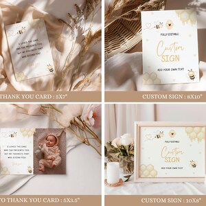 May include: Four printable cards with a bee theme. Two cards are thank you cards with a bee and honeycomb design. One card has a photo of a baby in a bee costume. The other two cards are custom signs with a bee and honeycomb design. The text on the signs says "Fully Customizable Custom Sign Add Your Own Text".