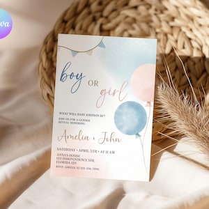 Ballon enthüllen Party-Einladung, rosa und blaue Geschlecht offenbaren einladen Karte, rosa und blaue Ballon-Einladungsvorlage, er oder sie Party einladen