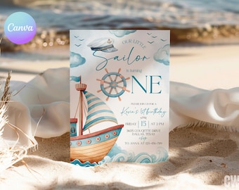 Sailor Birthday Party Invitation, Nautical Boat Invite, Sailing Into One Theme Card, 5x7 Printable Card SB1