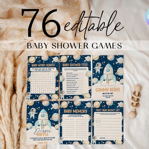 Peut inclure: Ensemble de six cartes de jeux pour une baby shower sur le thème de l'espace, avec des fusées, des planètes et des astronautes. Les cartes incluent des jeux comme Baby Word Search et Baby Shower Feud. Le texte "76 editable BABY SHOWER GAMES" est affiché.