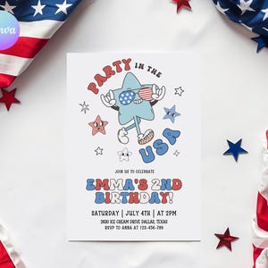 May include: A white invitation card with a cartoon star wearing sunglasses and the text "Party in the USA". The invitation is for Emma's 2nd birthday on July 4th. Red, white, and blue stars and an American flag decorate the background.