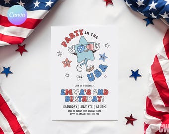 Fourth of July verjaardagsuitnodiging, feest in de VS verjaardagsuitnodiging sjabloon, rood wit en blauw 1e verjaardag Evite, patriottische partij uitnodigen