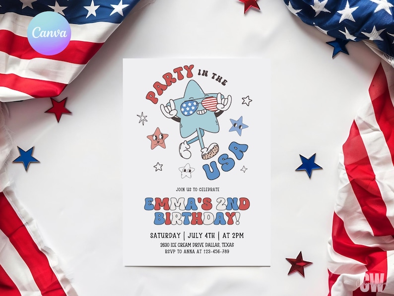 May include: A white invitation card with a cartoon star wearing sunglasses and the text "Party in the USA". The invitation is for Emma's 2nd birthday on July 4th. Red, white, and blue stars and an American flag decorate the background.