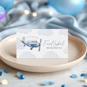 Modelo de etiqueta para comida de 1º aniversário de avião, cartão de comida para festa de primeiro aniversário de aviação, cartão de buffet para festa de aniversário editável Time Flys AE1