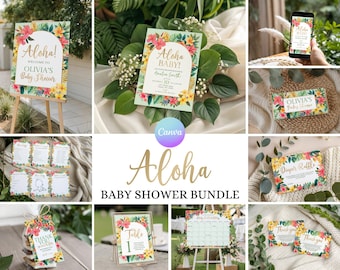 Aloha Baby Shower Bundle, Hawaiian Luau Party Pack, Tropical Invitation Kit, Pink Hibiscus Editable Template, Digital Download AQ2
