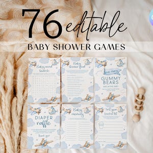 May include: A collection of six baby shower game cards with a blue and white airplane theme. The cards include games like "Baby Word Search" and "Diaper Raffle". The text "76 editable BABY SHOWER GAMES" is at the top.
