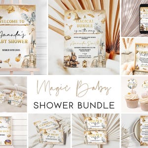 May include: A set of printable baby shower decorations with a magical theme. The decorations feature a train, a castle, and a wand. The text on the decorations says "Welcome to Amanda's Baby Shower" and "A Magical Bundle is on the Way".