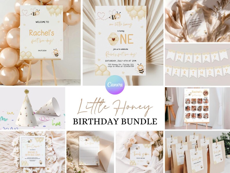 First Bee Day Bundle Honey Bee Birthday Pack First Bee Day Birthday Invitation Bundle 1st Bee Day Party Decorations Bee Theme Party Pack BE1 image 1