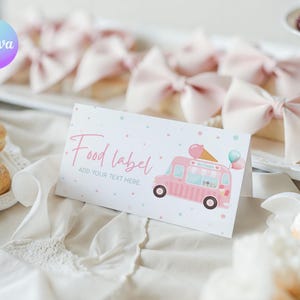 Rótulo de comida para 1º aniversário de caminhão de sorvete rosa, rótulo de buffet de aniversário com dois doces de sorvete, modelo de cartão de lugar para 1º aniversário de sorvete CA1