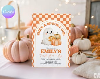 Spooky One Halloween Birthday Invitation, Retro 1st Birthday Invite, Ghost Party Canva Template