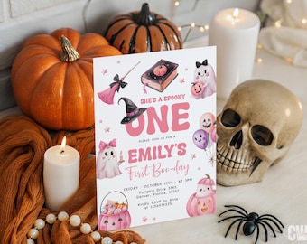 Spooky Ghoul First Birthday Invitation, Pink Halloween 1st Birthday Invite, Canva Template