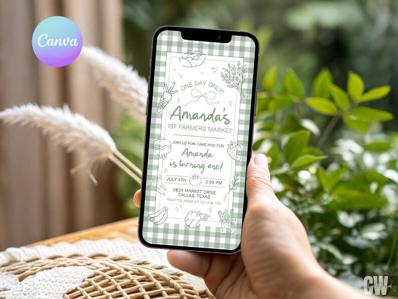 May include: A smartphone displays a digital invitation for Amanda's 1st Farmers Market. The invitation features a green gingham pattern background with illustrations of vegetables and fruits. Text includes the date, time, and location in Dallas, Texas.
