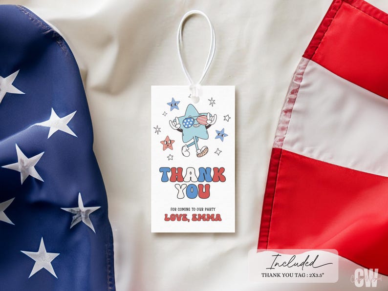 May include: A white rectangular tag with a cartoon star character wearing sunglasses and holding a small American flag. The tag reads "THANK YOU" in red and blue, with the text "FOR COMING TO OUR PARTY LOVE, EMMA" below. The tag is hanging with a white string.