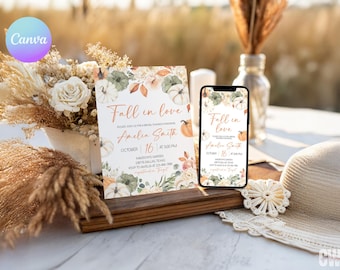 Rustic Autumn Bridal Shower Invite, Boho Floral Bridal Shower Invitation, Fall in Love Bridal Shower Invitation, Pumpkin Bridal Evite SQ3