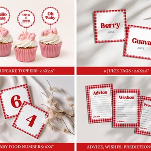 May include: Red and white gingham baby shower party decorations. Includes cupcake toppers, juice tags, baby food jar numbers, and advice, wishes, and predictions cards. The cupcake toppers feature the text "Hello Baby", "Olivia & Kevin", and "Oh Baby". The juice tags feature the text "Berry Juice" and "Guava Juice". The baby food jar numbers feature the numbers 6 and 4. The advice, wishes, and predictions cards feature the text "Advice", "Wishes", and "Predictions".