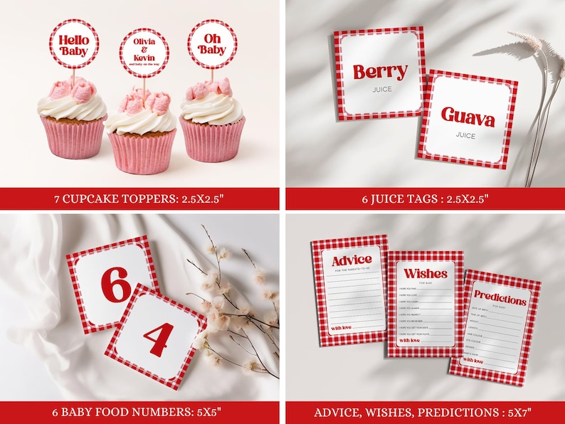 May include: Red and white gingham baby shower party decorations. Includes cupcake toppers, juice tags, baby food jar numbers, and advice, wishes, and predictions cards. The cupcake toppers feature the text "Hello Baby", "Olivia & Kevin", and "Oh Baby". The juice tags feature the text "Berry Juice" and "Guava Juice". The baby food jar numbers feature the numbers 6 and 4. The advice, wishes, and predictions cards feature the text "Advice", "Wishes", and "Predictions".
