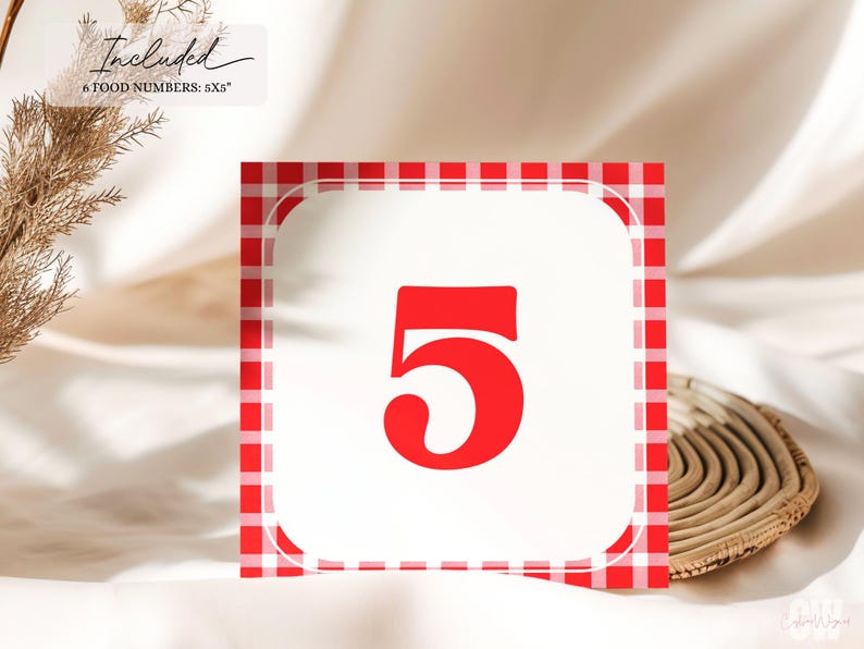 May include: Red and white gingham table number card with the number 5 in red.