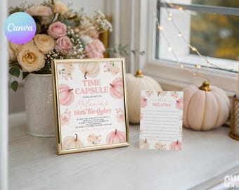 May include: A framed "Time Capsule" sign and a matching card, both decorated with pink pumpkins and floral accents. The sign is for Melania's 18th birthday. A bouquet of roses and pumpkins are in the background.
