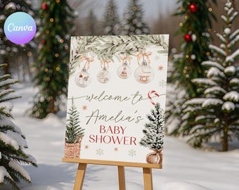 Christmas Baby Shower Welcome Sign, Merry Little Baby Shower Poster, Canva Template ZS2