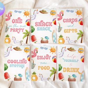 May include: Six colorful printable signs with a summer theme. Each sign features a flamingo, a beach ball, a palm tree, and a watermelon. The signs say "One in the sun party", "Snack Shack", "Cards and Gifts", "Cooling Station", "Enjoy some food", and "Help yourself to drink".