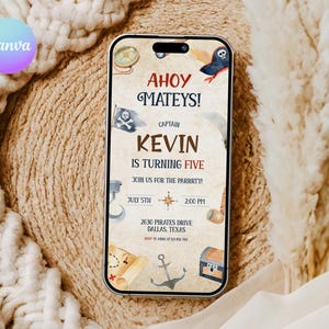 Invitación móvil para primer cumpleaños de pirata, invitación móvil para fiesta de cumpleaños infantil de pirata, invitación digital sin papel para primer cumpleaños de pirata PR5