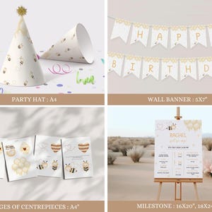 May include: Bee-themed birthday party printable decorations. Includes a party hat, wall banner, milestone sign, and centerpieces. The decorations feature a yellow and white color scheme with bees and honeycombs.